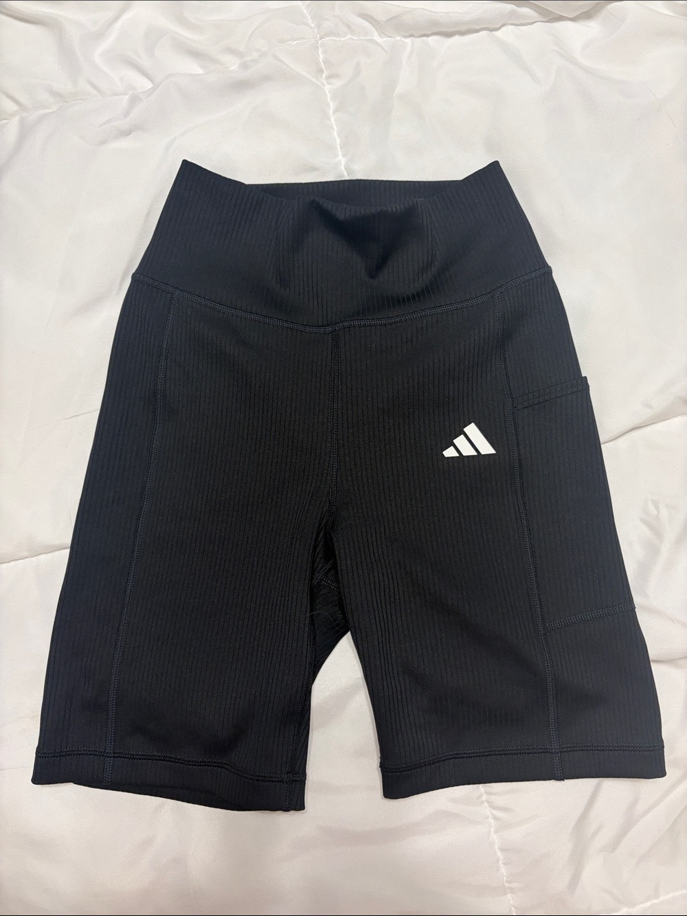 adidas Black Ribbed High-Waist Bike Shorts with Side Pocket